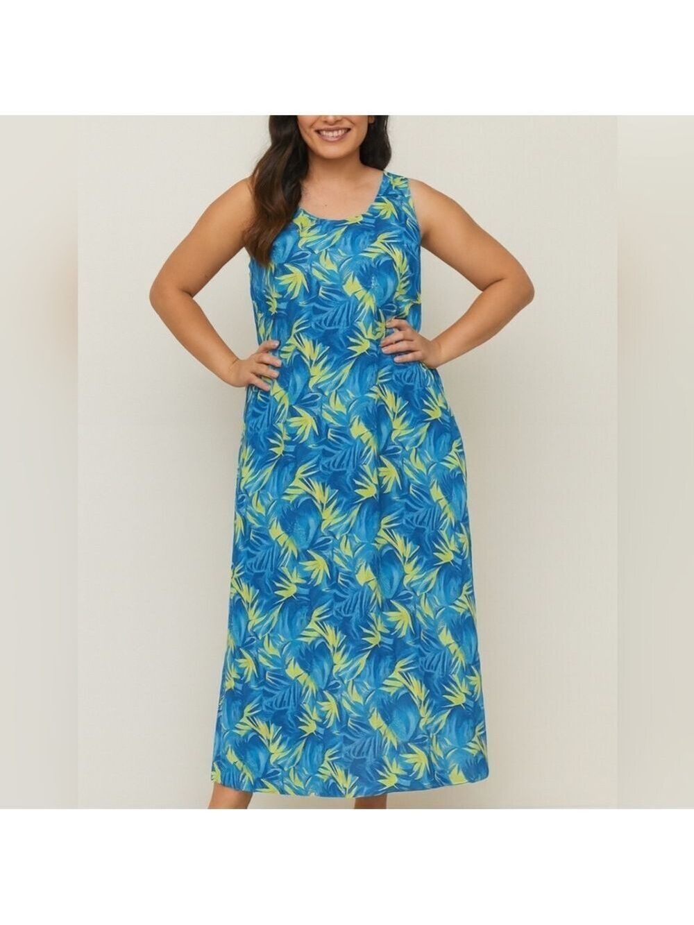Vintage Cottage Cove tropical print maxi dress, size Large, cottagecore. EUC